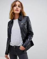circle zip front mottled leather jacket