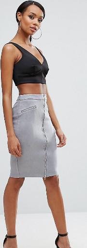 Suedette Pencil Skirt With Zip Detail