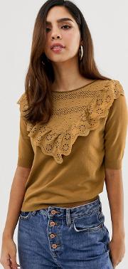 Knitted Short Sleeve Top With Volants