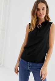 Woven Top With Bow Neck Detail