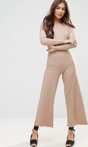 rib relaxed long sleeve wide leg jumpsuit