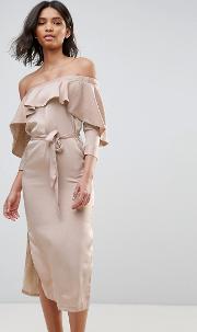 satin frill off the shoulder back to front shirt midi dress