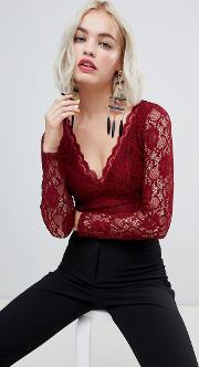 long sleeve lace bodysuit in burgundy
