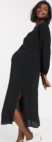 Long Sleeve Midi Tea Dress With Side Slit