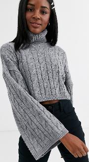 Roll Neck Wide Sleeve Cable Jumper