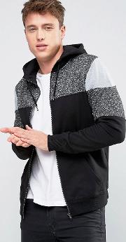 zip through hoodie with fabric block detail in black