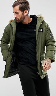 puffer parka in khaki with faux fur hood