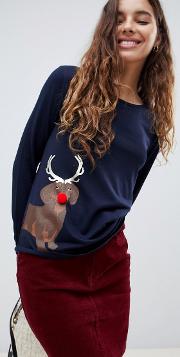long sleeve christmas  shirt in navy with reindeer