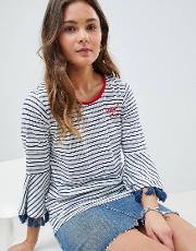 Stripe Top With Fringe Sleeve And Embroidered Slogan