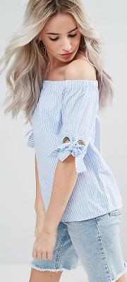 Bardot Stripe Top With Tie Sleeve Detail