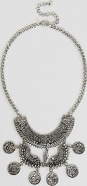 statement coin tassel necklace silver