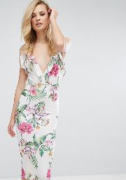 Midi Dress With Frill Detail In Floral Print