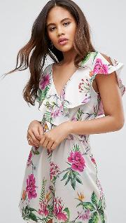 Wrap Frill Playsuit In Floral Print