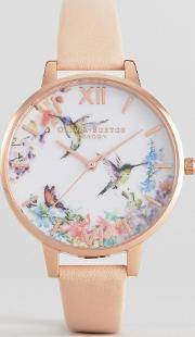 ob15pp12 painterly prints leather watch  nude & rose gold