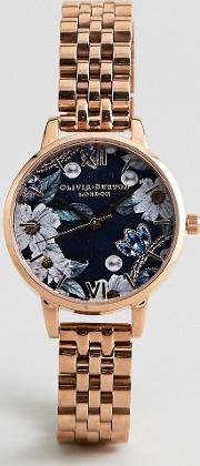 ob16bf17 bejewelled floral bracelet watch in rose gold