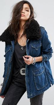 Longline Denim Jacket With Faux Fur Collar