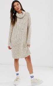 Brushed Knitted Longline Roll Neck Mini Dress
