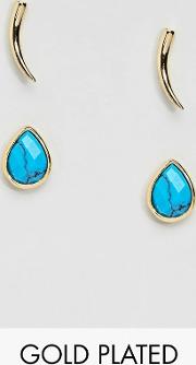 gold & blue stud earrings pack