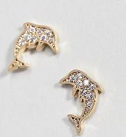 gold plated crystal dolphin stud earrings