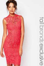 high neck lace dress with keyhole back detail