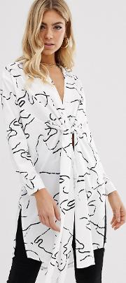 Longline Knot Front Shirt Abstract Print