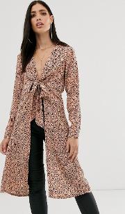 Longline Plunge Bow Front Shirt Scattered Spot Print