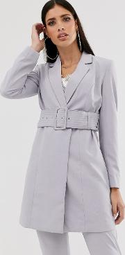 Longline Tailored Blazer Coord With Belt Soft Grey
