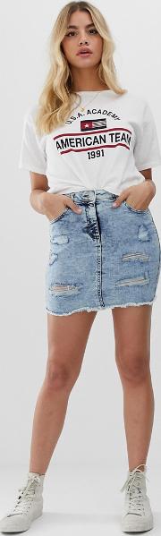 Denim Mini Skirt With Rip Detail Bleach Wash