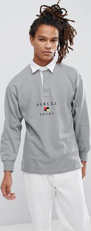 long sleeve rugby polo with sports flag logo in grey