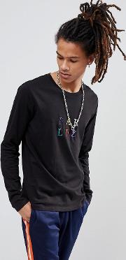 long sleeve t shirt with multi colour logo in black