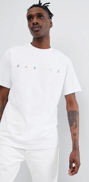 t shirt with embroidered multi colour chest logo in white