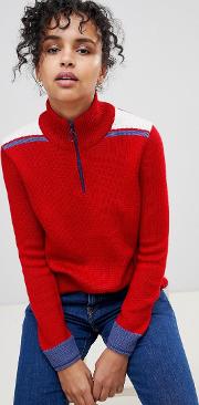 claudia sporty colourblock wool blend knit jumper with circle puller