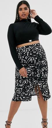 Midi Skirt With Ruching Abstract Print