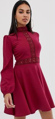 Skater Mini Dress With Lace Panel Detail Burgundy