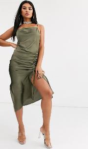 Midi Cami Dress With Cowl Neck And Ruching Satin