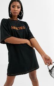 Oversized T Shirt Dress With Nineties Embroidery