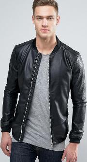 faux leather bomber jacket with perforated sleeves