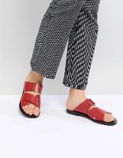 leather cross strap flat sandal in red