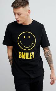 smiley face slogan crew neck t shirt in black