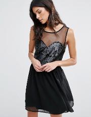Skater Dress With Sequin And Mesh Top