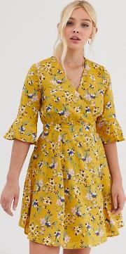 Floral Mini Wrap Dress With Frill Sleeve Detail