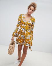 Floral Wrap Dress With Flare Sleeve