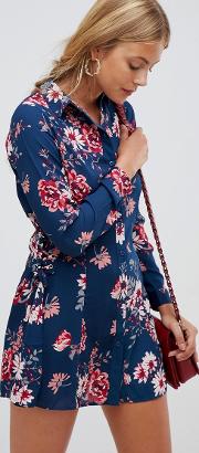 lattice tie side detail floral swing shirt dress
