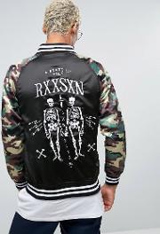 embroidered souvenir bomber jacket with camo sleeves