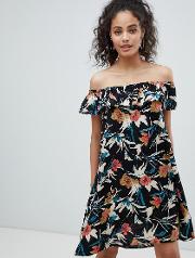 off shoulder tropical print dress