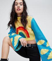 cropped rainbow jumper with flared sleeves