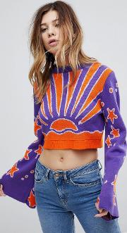 flare sleeve cropped jumper with sunshine motif