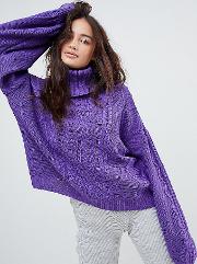 oversized cable knit roll neck jumper with balloon sleeves
