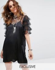 cami dress in satin with mesh ruffle  shirt under layer