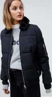 padded jacket with hood lining and faux fur collar